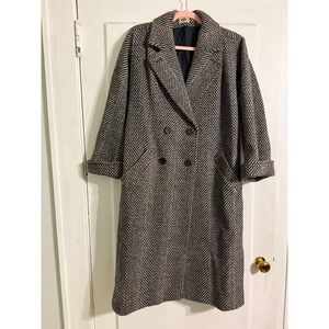 Central Park International Pure New Wool Herringbone Trench Coat Black White 8